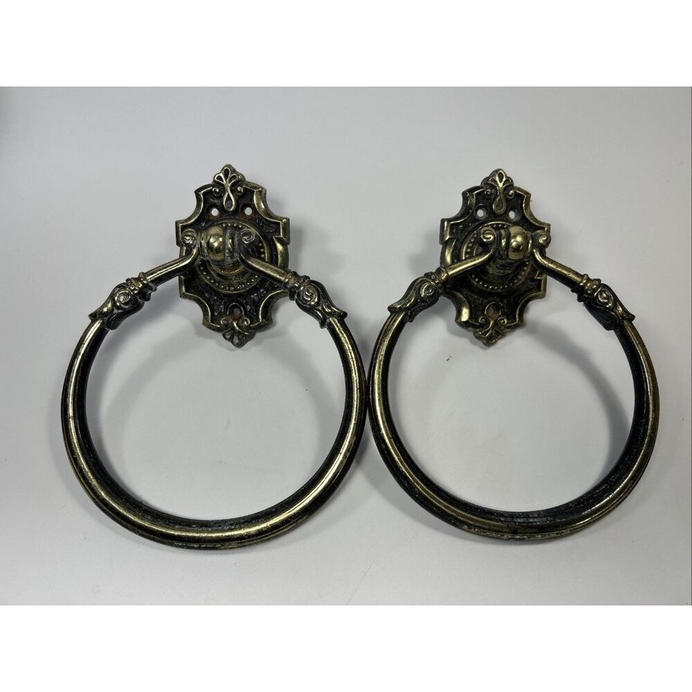 Vtg Premiere Collection Ajax Scovill Towel Ring Set/ Pair Antique Brass Patina